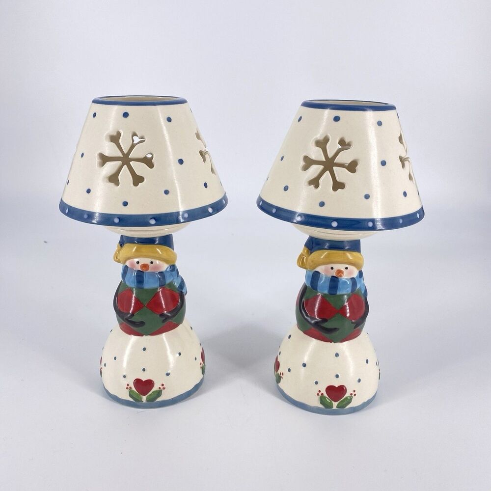 Set of 2 Jim Shore Heartwood Creek Snowman Tea Light Lamps Candle Holders 2004